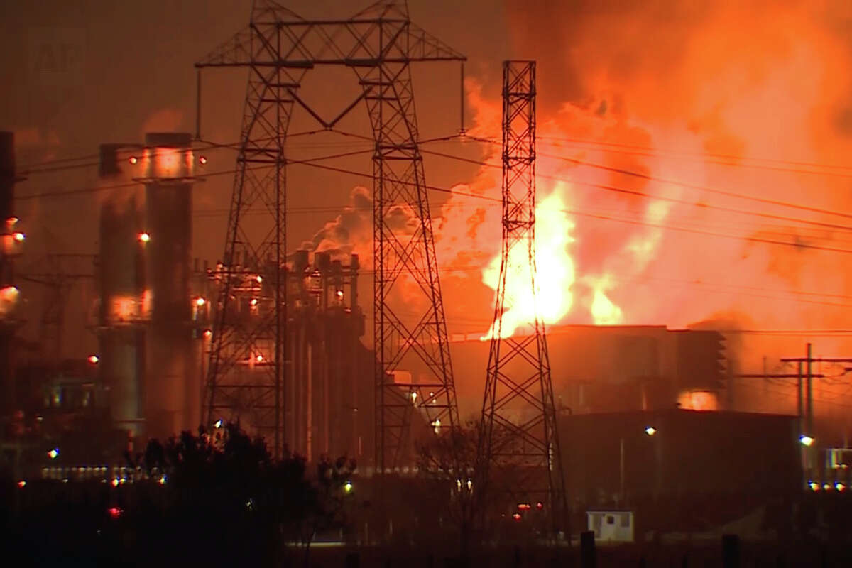 This image from video shows flames rising after a major fire erupted Thursday afternoon at the Moss Landing Power Plant, located about 77 miles (about 124 kilometers) south of San Francisco, Thursday, Jan.16, 2025. (KSBW via AP)