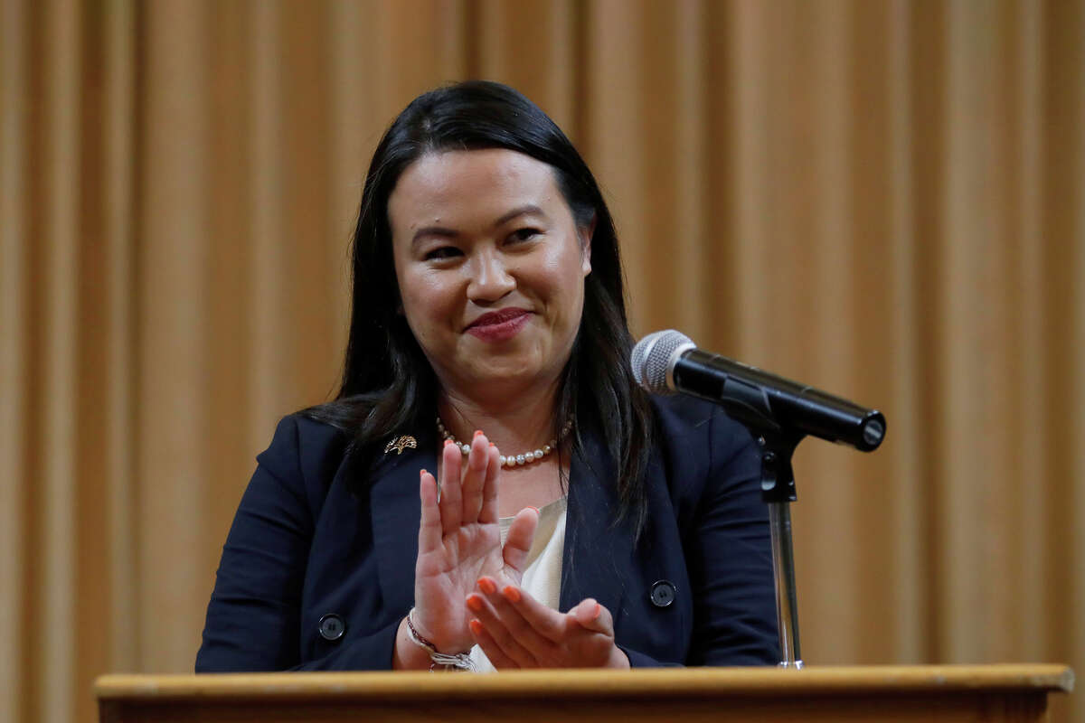 Mayor Sheng Thao delivers her first State of the City address at City Hall in Oakland, Calif., on Thursday, Oct. 12, 2023. (Background extended by SFGATE)