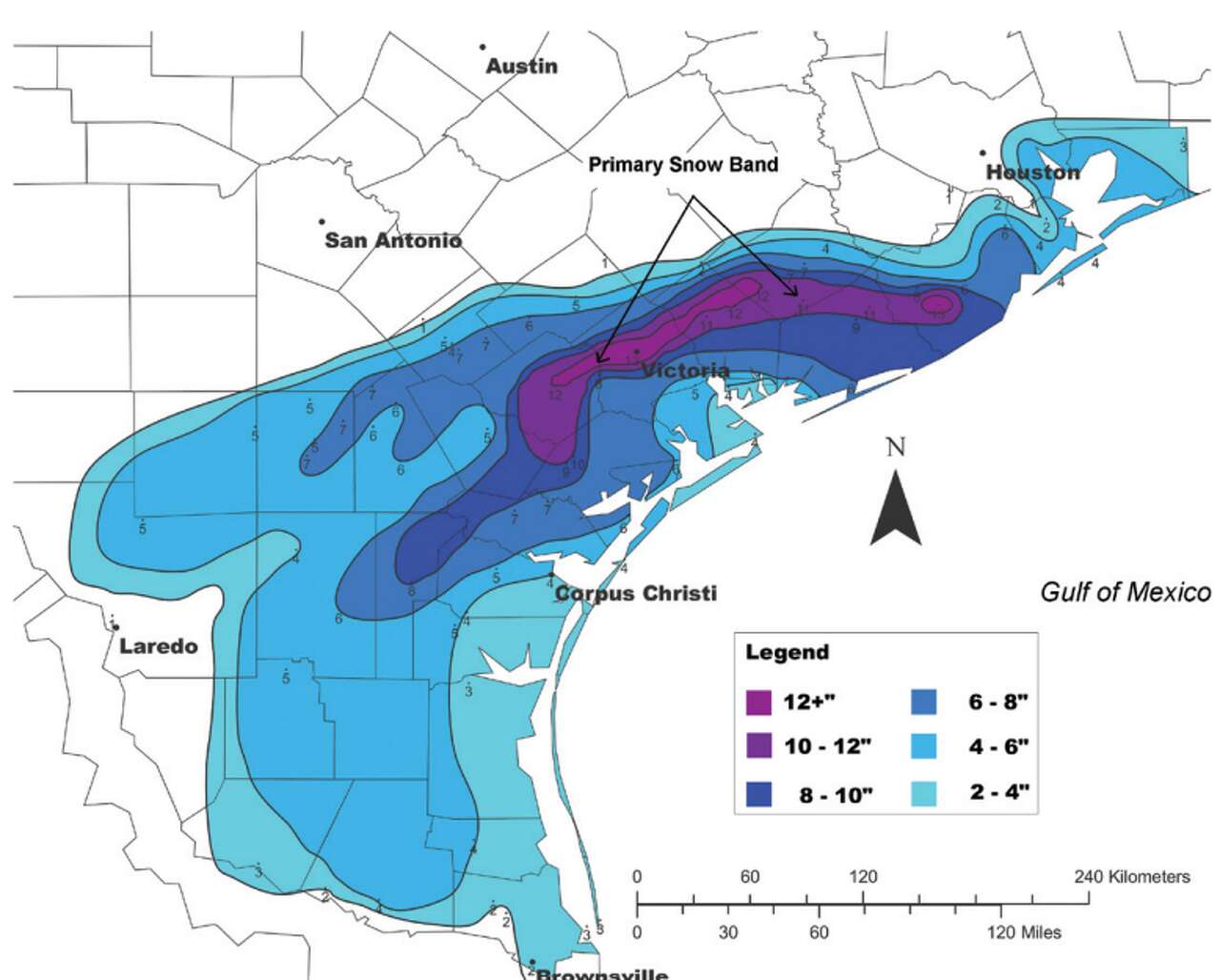 Pictured is an analysis highlighting snowfall totals over south Texas on December 25, 2004.