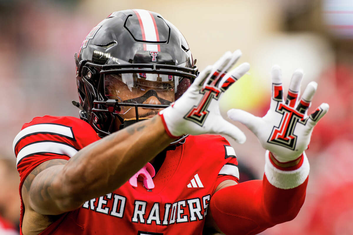 Micah Hudson #1 of the Texas Tech Red Raiders catches a warmup pass during the first half of the game against the Baylor Bears at Jones AT&T Stadium on October 19, 2024 in Lubbock, Texas. Hudson transferred to Texas A&M this December.