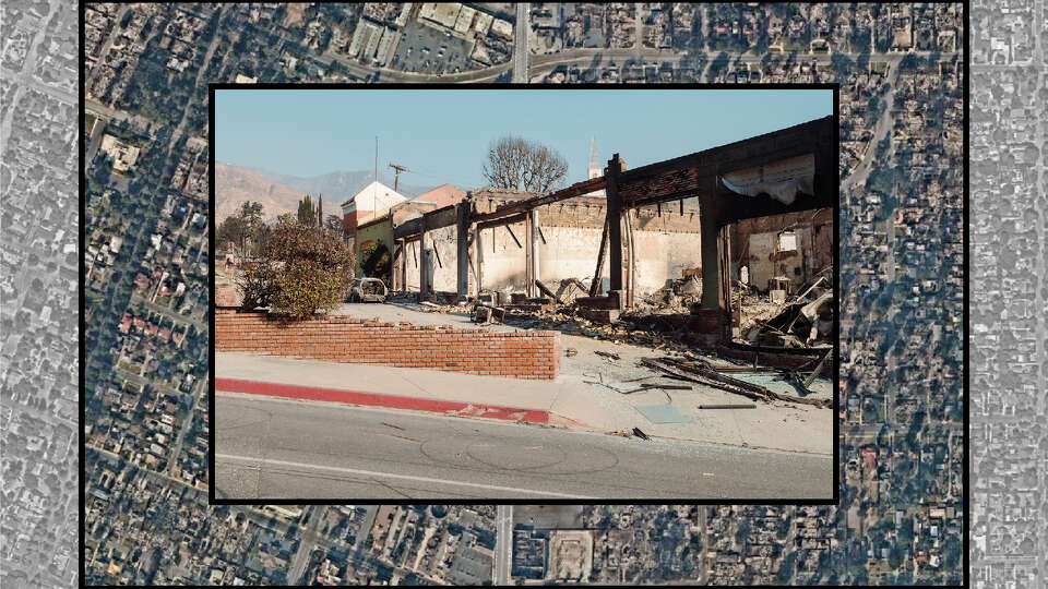 An photo of a burned structure in Altadena on top of satellite images of the city.