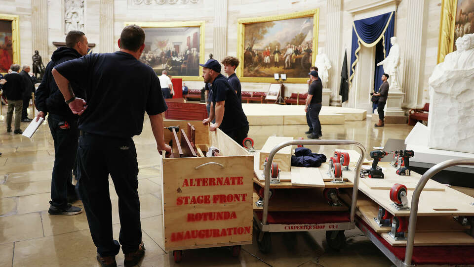 WASHINGTON, DC - JANUARY 17: Workers prepare the U.S. Capitol rotunda for President-elect Donald Trump's 2nd term inauguration January 17, 2025 in Washington, DC. The inauguration ceremony on January 20 will be moved to the rotunda of the U.S. Capitol as temperatures are expected to be the coldest in forty years. (Photo by Kayla Bartkowski/Getty Images)