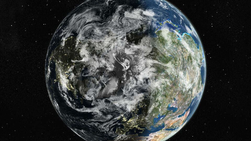 True colour satellite image of the Earth centred on the North Pole with cloud coverage, during winter solstice at 6 a.m GMT. This image in orthographic projection was compiled from data acquired by LANDSAT 5 & 7 satellites., Globe Centred On The North Pole, True Colour Satellite Image.