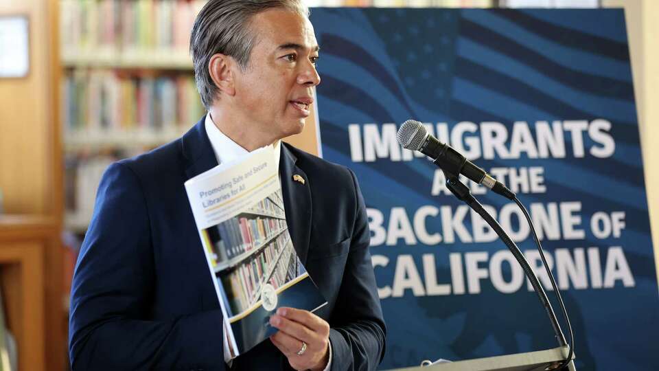 California Attorney General Rob Bonta holds a press conference at Bernal Heights branch of San Francisco Public Library in San Francisco on Wednesday, December 4, 2024. The press conference discussed the California Department of Justice’s ongoing efforts to safeguard the rights of California’s immigrant communities.