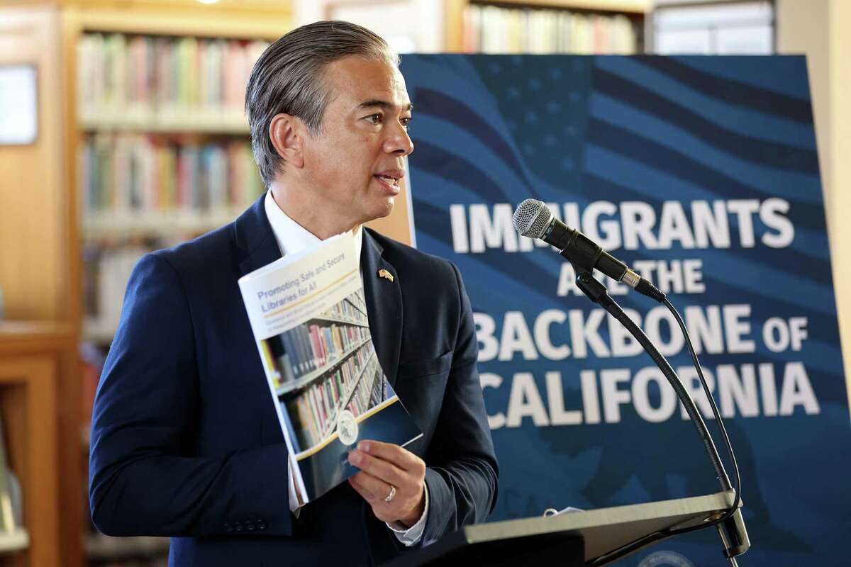 California Attorney General Rob Bonta holds a press conference at Bernal Heights branch of San Francisco Public Library in San Francisco on Wednesday, December 4, 2024. The press conference discussed the California Department of Justice’s ongoing efforts to safeguard the rights of California’s immigrant communities.