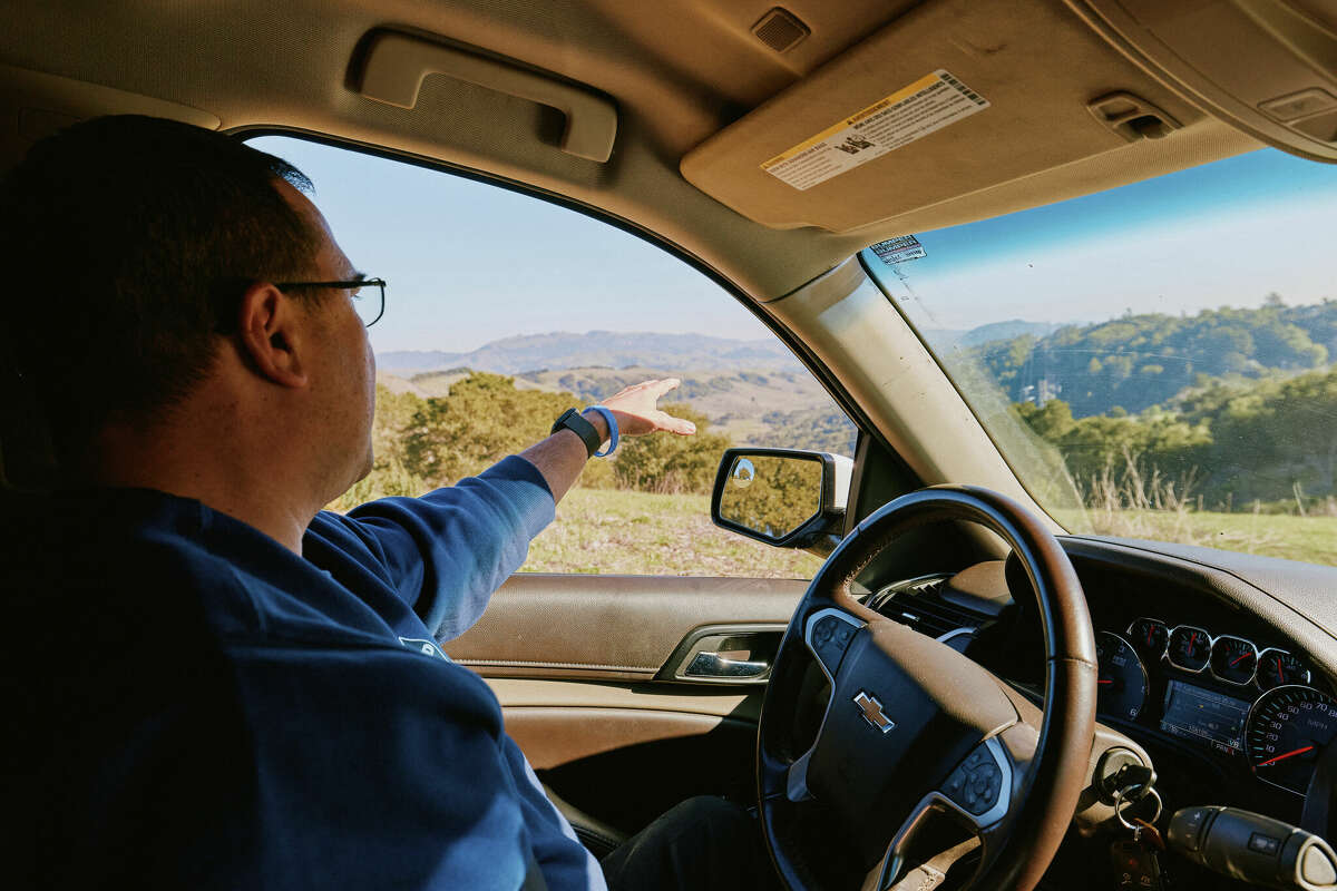 Moraga-Orinda Fire District Chief Jeff Isaacs drives along a network of remote rural fire roads above the community of Canyon near Moraga and Orinda in the East Bay.