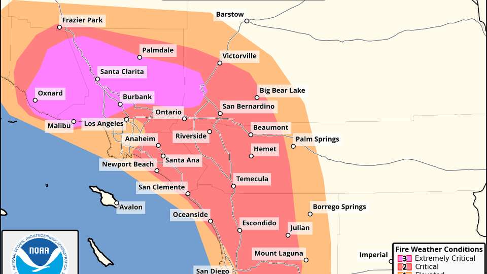 Extremely critical fire weather conditions are forecast across portions of Southern California on Monday, including Oxnard, Malibu, Santa Clarita, Palmdale, Thousand Oaks, Simi Valley and Burbank.