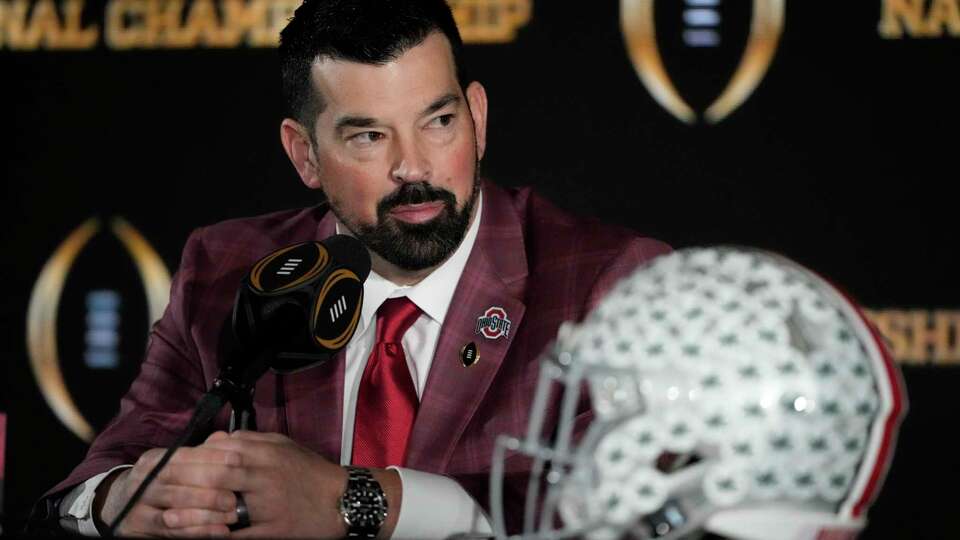 Ohio State head coach Ryan Day speaks during a news conference ahead of the College Football Playoff national championship game Sunday, Jan. 19, 2025, in Atlanta. The game between Ohio State and Notre Dame will be played on Monday. (AP Photo/Chris Carlson)