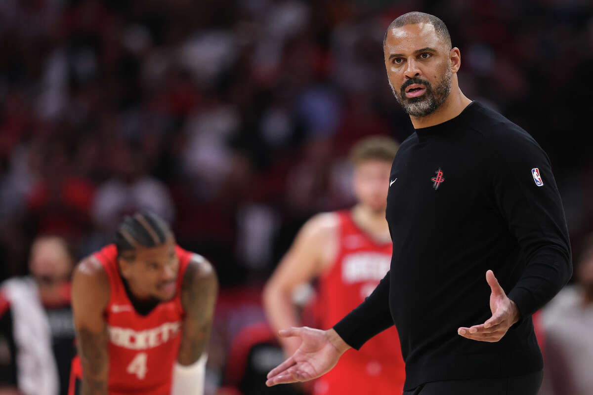 HOUSTON, TEXAS - DECEMBER 29: Head Coach Ime Udoka of the Houston Rockets reacts against the Miami Heat during the second half at Toyota Center on December 29, 2024 in Houston, Texas. NOTE TO USER: User expressly acknowledges and agrees that, by downloading and or using this photograph, User is consenting to the terms and conditions of the Getty Images License Agreement. (Photo by Alex Slitz/Getty Images)