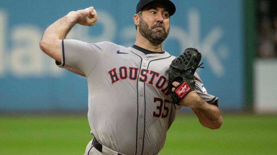 FILE - Houston Astros starting pitcher Justin Verlander delivers against the Cleveland Guardians during the first inning of a baseball game in Cleveland, Sept. 28, 2024. (AP Photo/Phil Long, File)