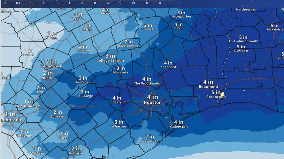 Shown are snowfall totals through Tuesday, according to the National Weather Service that covers Greater Houston and Galveston.