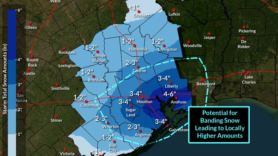 This map shows where snow is most likely to occur in Southeast Texas on Tuesday, according to the National Weather Service forecast on Monday morning.