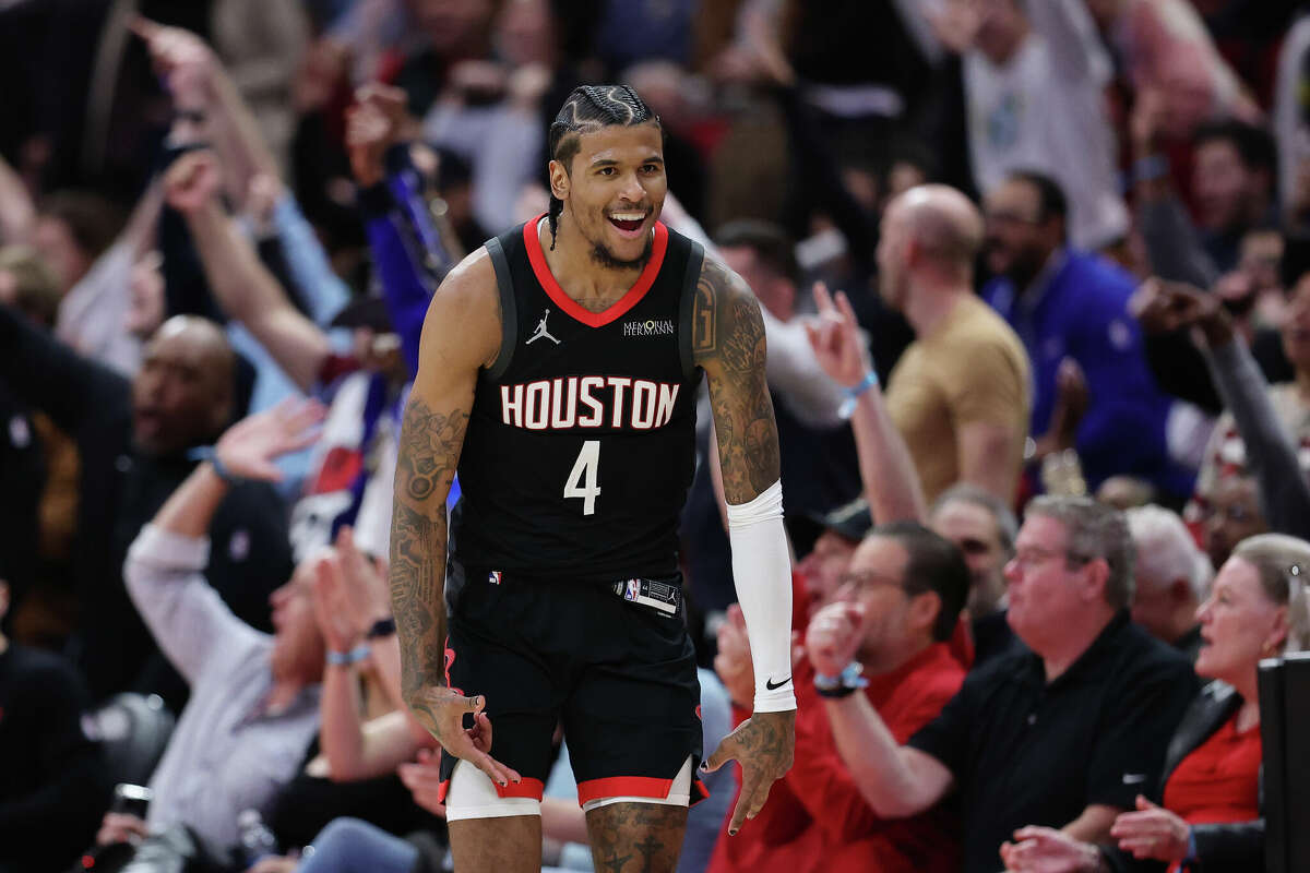 HOUSTON, TEXAS - JANUARY 13: Jalen Green #4 of the Houston Rockets reacts after a three point basket against the Memphis Grizzlies during the second half at Toyota Center on January 13, 2025 in Houston, Texas. NOTE TO USER: User expressly acknowledges and agrees that, by downloading and or using this photograph, User is consenting to the terms and conditions of the Getty Images License Agreement. (Photo by Alex Slitz/Getty Images)