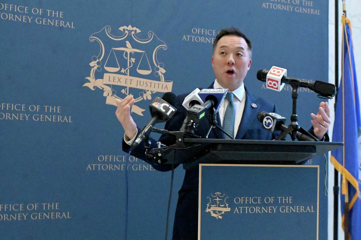 Connecticut Attorney General William Tong speaks to reporters Monday afternoon in Hartford after the inauguration of President Donald Trump.