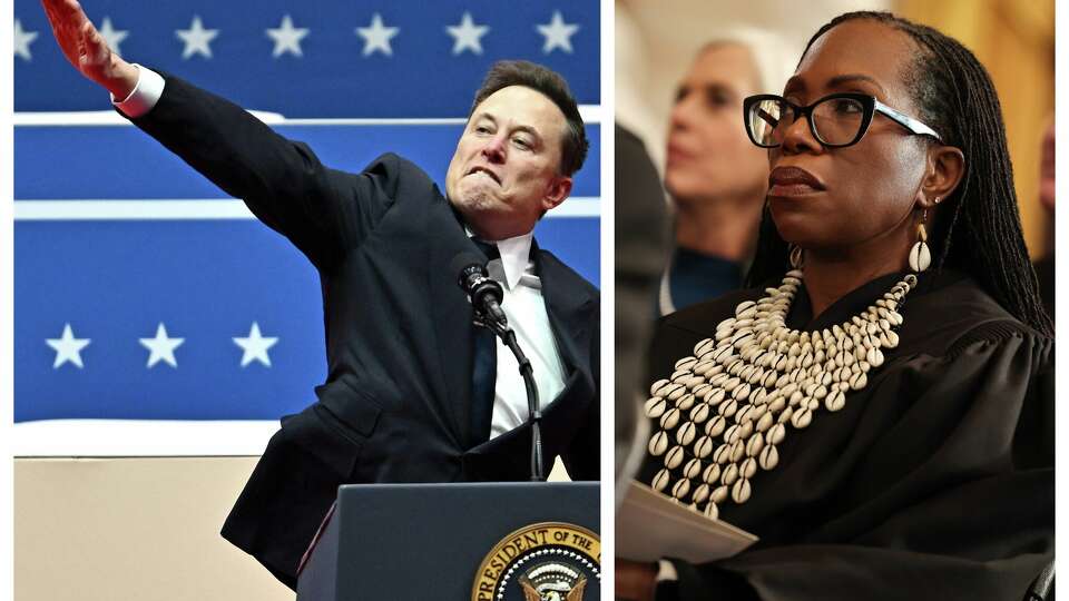 At left, Tesla and SpaceX CEO Elon Musk gestures as he speaks during the inaugural parade in Washington, D.C., on Monday. At right, Supreme Court Justice Ketanji Brown Jackson wears cowrie shells to an inaugural event.