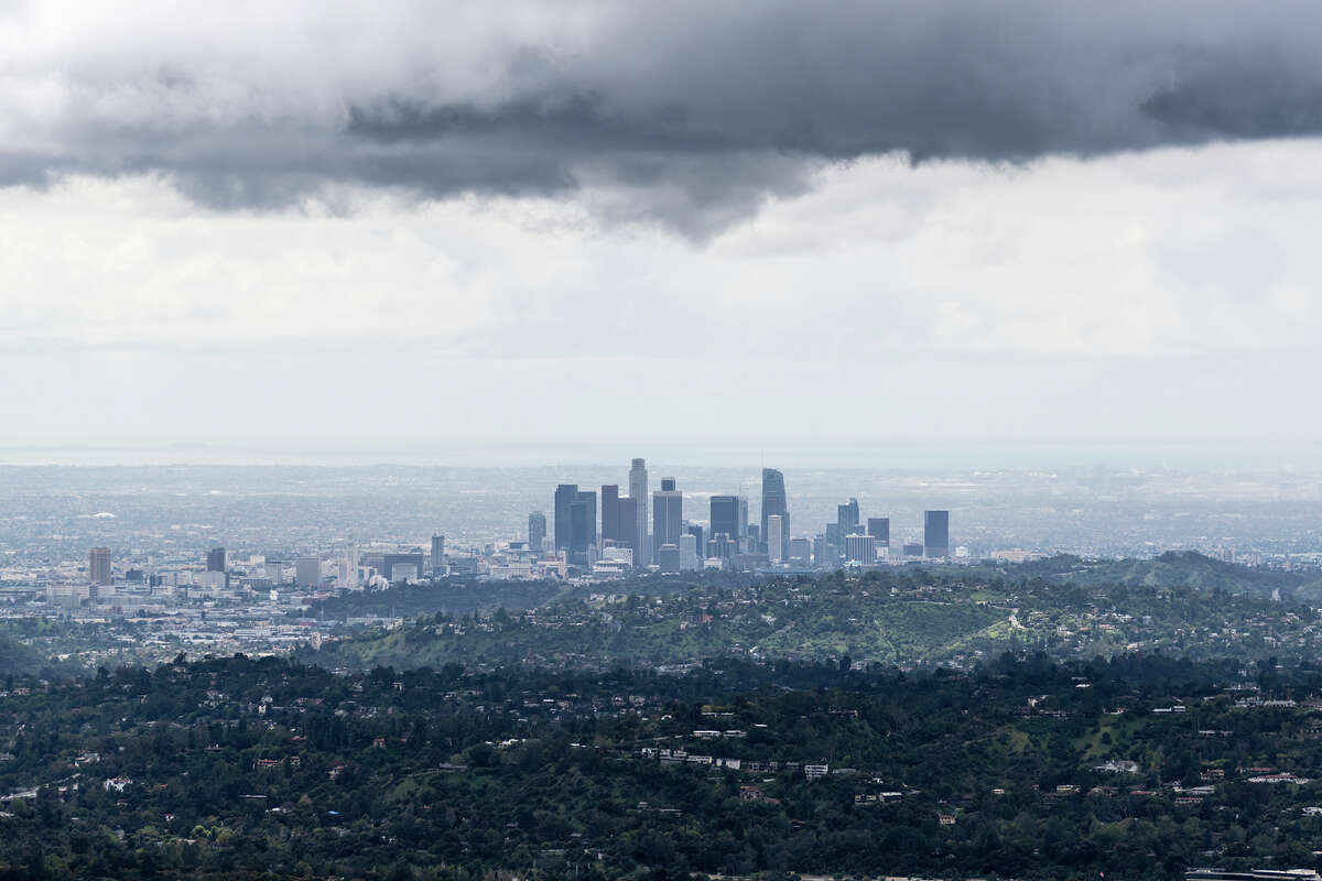 Dark storm clouds above Los Angeles in Southern California.