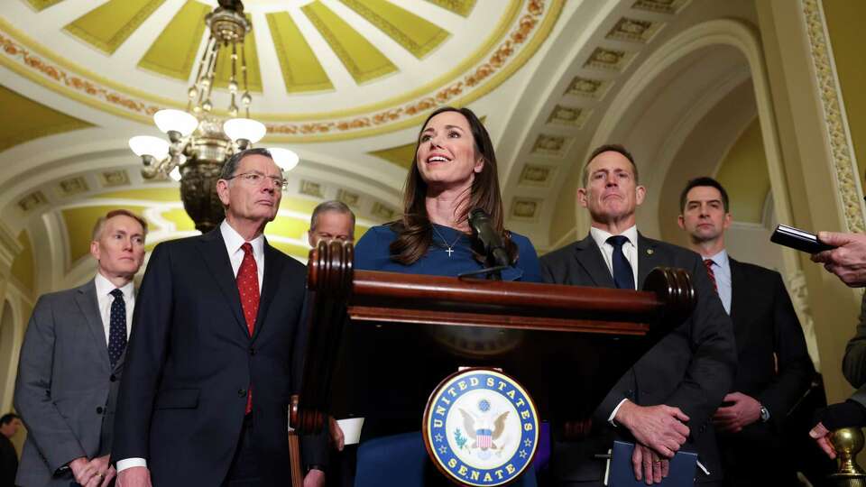 WASHINGTON, DC - JANUARY 14: U.S. Sen. Katie Britt (R-AL) calls on reporters following the weekly Senate Republican caucus policy luncheon at the U.S. Capitol on January 14, 2025 in Washington, DC. Senators spoke about the Laken Riley Act which was named after a nursing student who was murdered in February 2024 by Jose Ibarra, a migrant from Venezuela who crossed the border in September 2022, that could give state attorney generals far-reaching veto power over federal immigration policy.