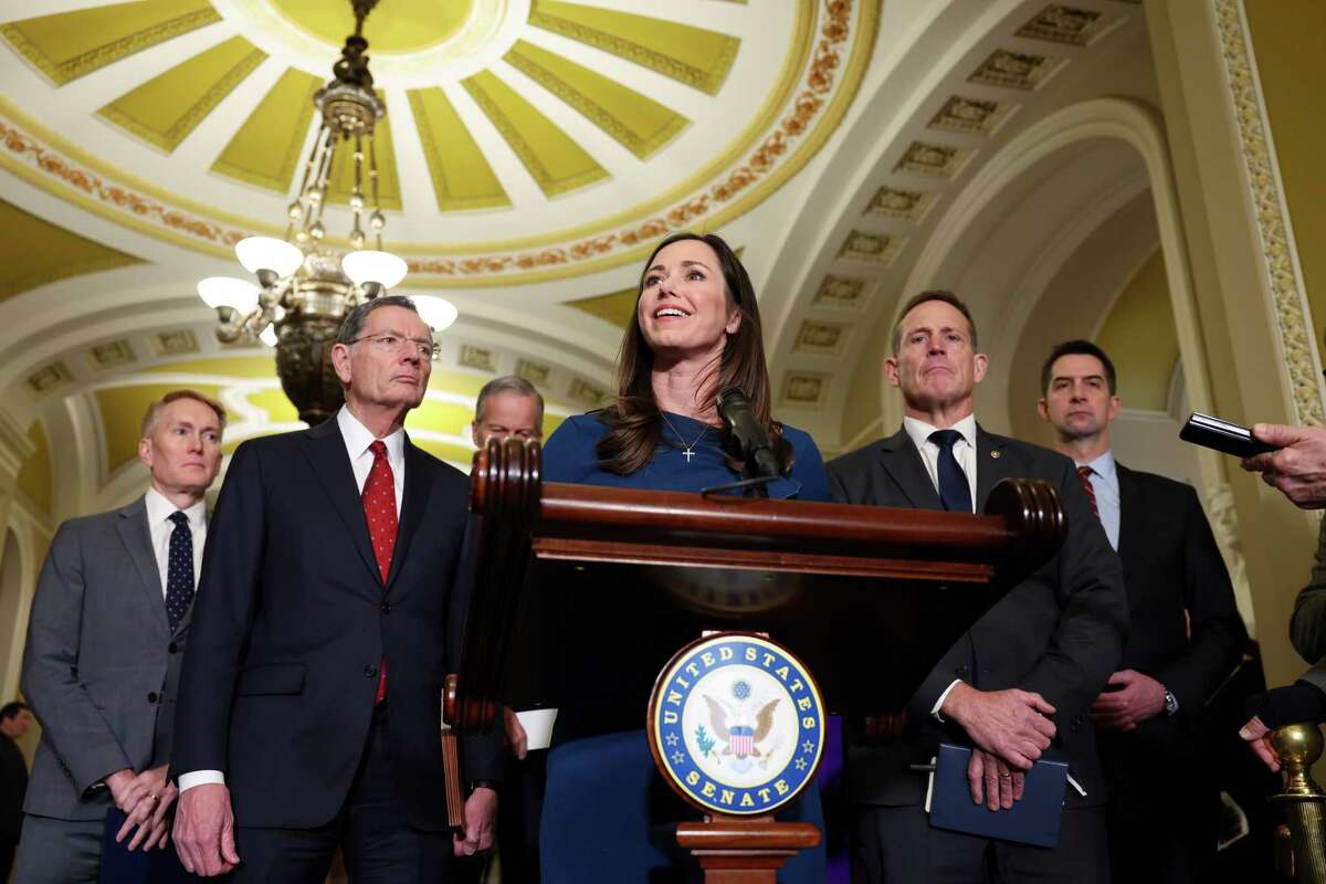 WASHINGTON, DC - JANUARY 14: U.S. Sen. Katie Britt (R-AL) calls on reporters following the weekly Senate Republican caucus policy luncheon at the U.S. Capitol on January 14, 2025 in Washington, DC. Senators spoke about the Laken Riley Act which was named after a nursing student who was murdered in February 2024 by Jose Ibarra, a migrant from Venezuela who crossed the border in September 2022, that could give state attorney generals far-reaching veto power over federal immigration policy.