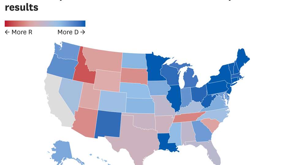 A map showing relative partisanship of California emigrants compared to their destination states.