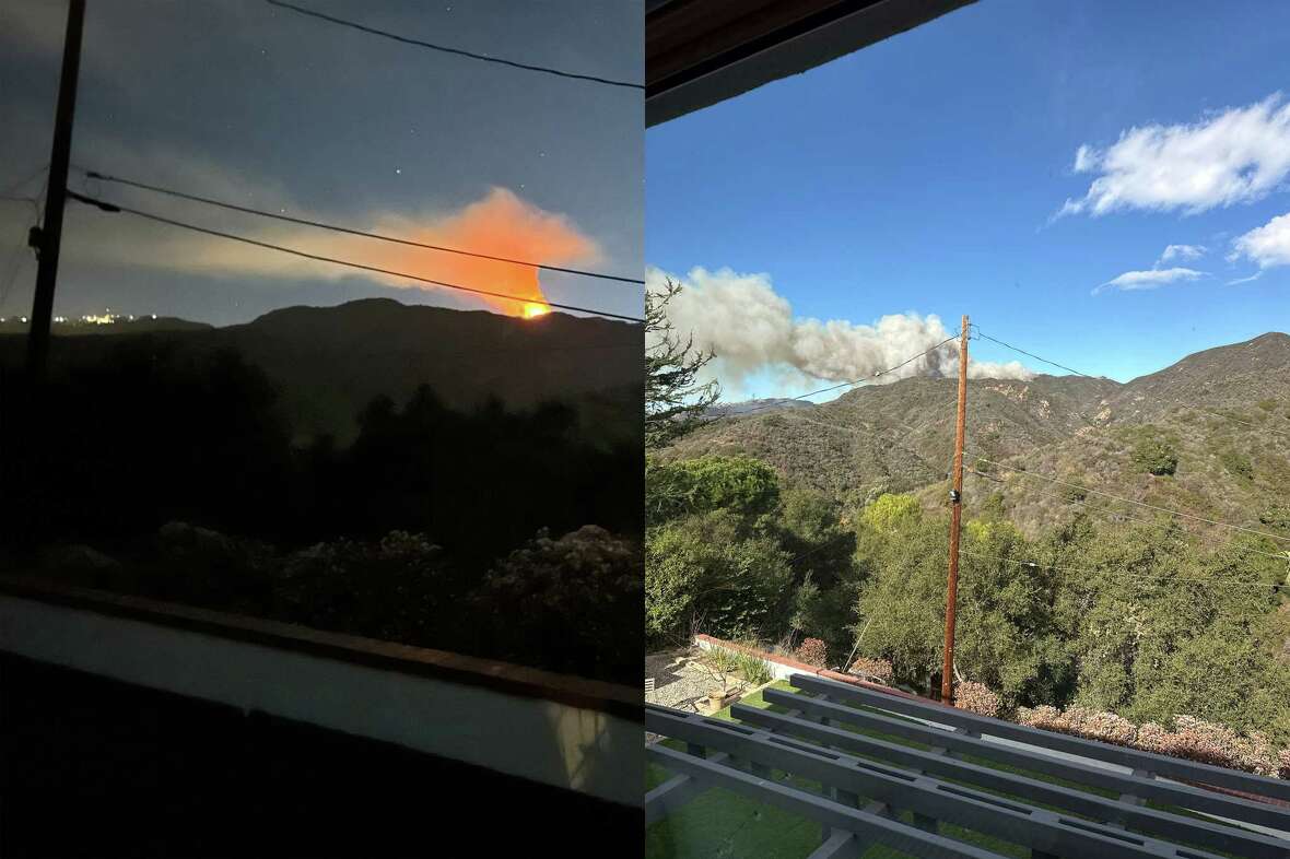 This composite of two photos provided by a Pacific Palisades resident shows, at left: the start of the Lachman Fire, which began just minutes into the New Year, on Jan. 1, 2025 and grew to only nine acres. At right: the Jan. 7, 2025 start of the Palisades Fire that began in a similar spot as the Lachman Fire on Jan. 1.