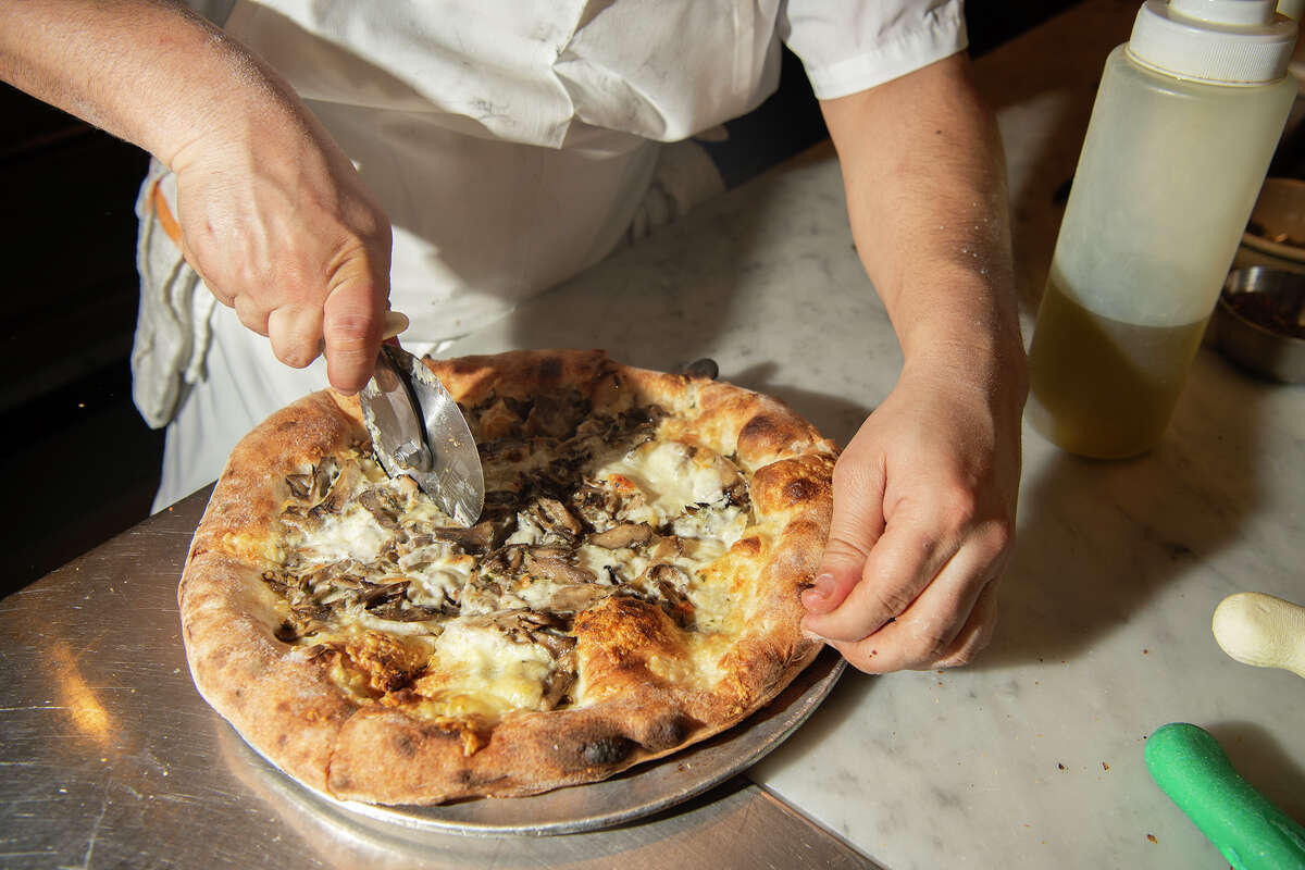 A freshly made funghi pizza from Pizzeria Delfina on Wenesday, Jan. 15, 2025.