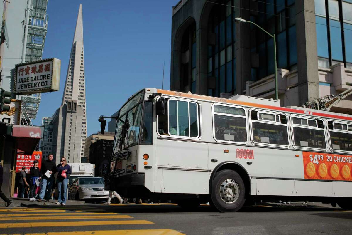 The 30 Stockton MUNI line drives up Stockton and Washington Streets in San Francisco, Calif. on Friday, March 9, 2012.