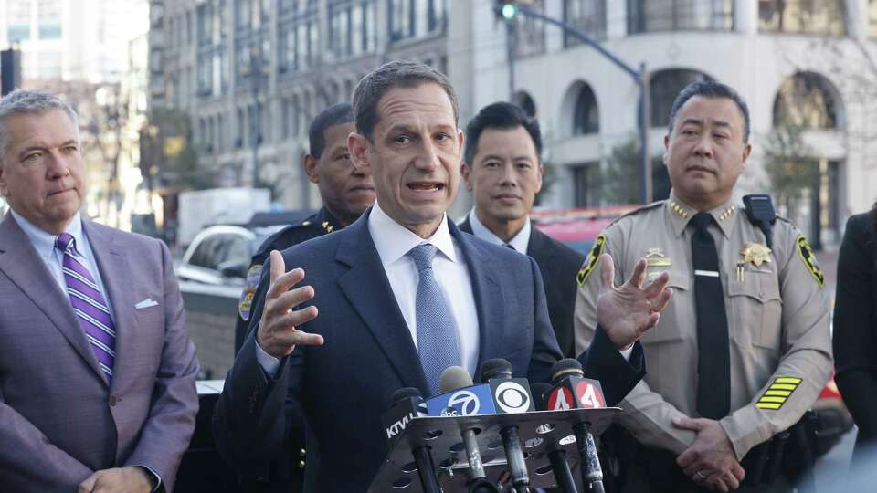 Mayor Daniel Lurie speaks at a press conference on Market Street on Wednesday, January 15, 2025 in San Francisco, Calif.