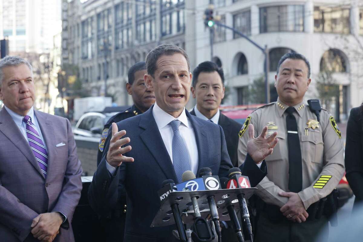 Mayor Daniel Lurie speaks at a press conference on Market Street on Wednesday, January 15, 2025 in San Francisco, Calif.