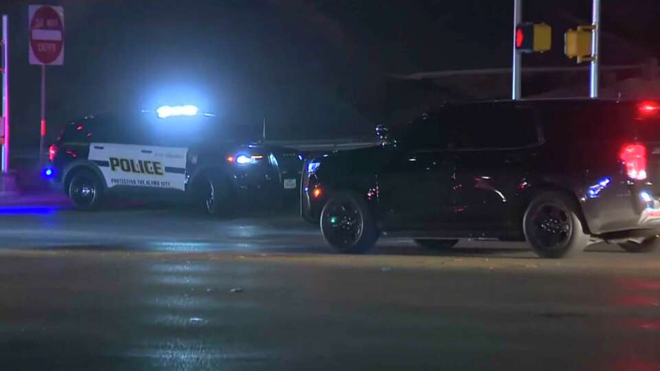 This image made from video provided by KSAT shows law enforcement vehicles after multiple San Antonio, Texas, police officers were shot in San Antonio, Wednesday, Jan. 22, 2025. (KSAT via AP)