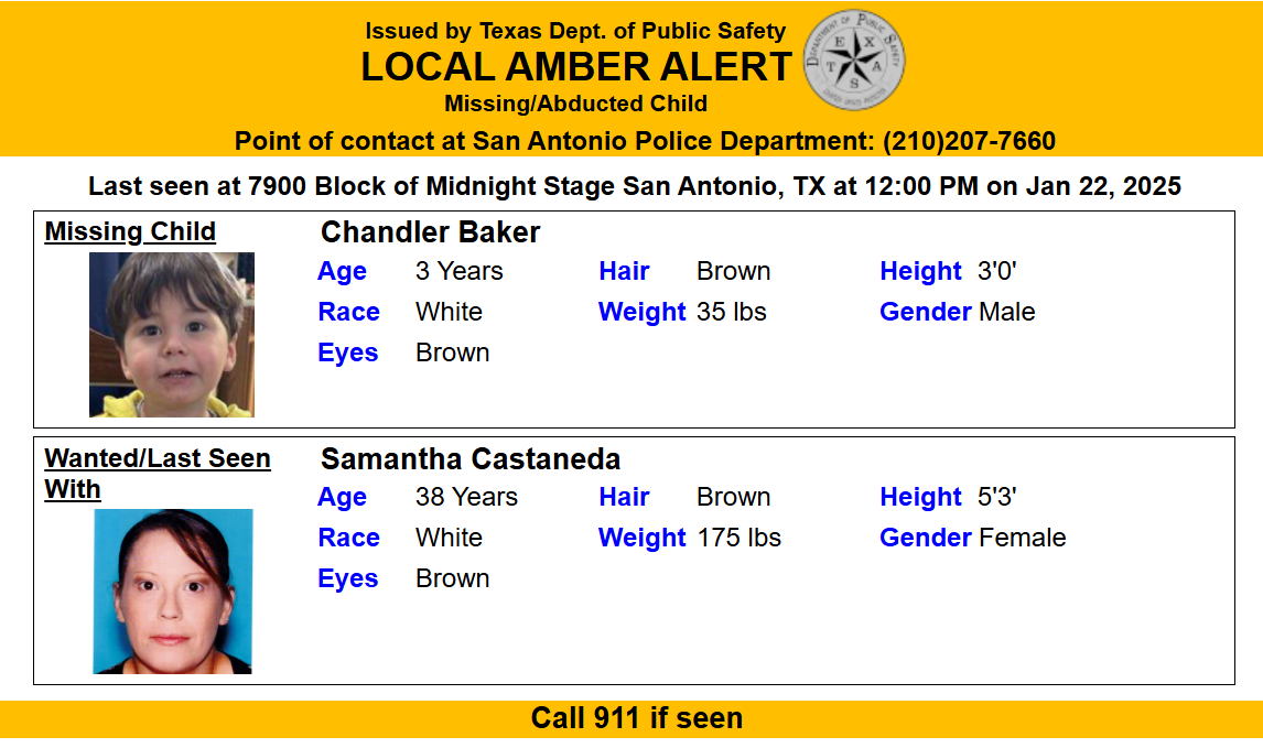 Amber Alert for 3yearold San Antonio boy Chandler Baker