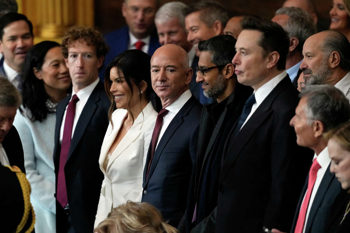 Guests including Mark Zuckerberg, Lauren Sanchez, Jeff Bezos, Sundar Pichai and Elon Musk attend the Inauguration of Donald J. Trump in the U.S. Capitol Rotunda on Jan. 20, 2025, in Washington, D.C. Donald Trump takes office for his second term as the 47th president of the United States. (Julia Demaree Nikhinson/Pool/Getty Images/TNS)