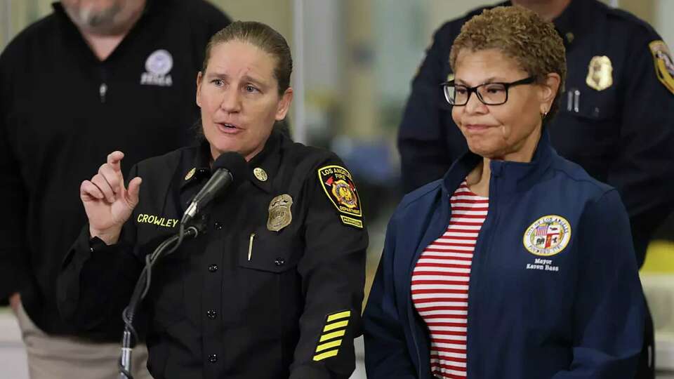 Los Angeles Mayor Karen Bass, right, and Los Angeles Fire Chief Kristin Crowley, left, address the media at a news conference on Jan. 11, 2025.