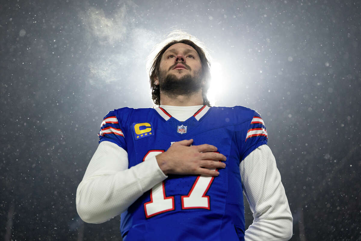 Josh Allen #17 of the Buffalo Bills looks on during the national anthem prior to an NFL Football game against the Baltimore Ravens at Highmark Stadium on Jan. 19, 2025 in Orchard Park, N.Y.