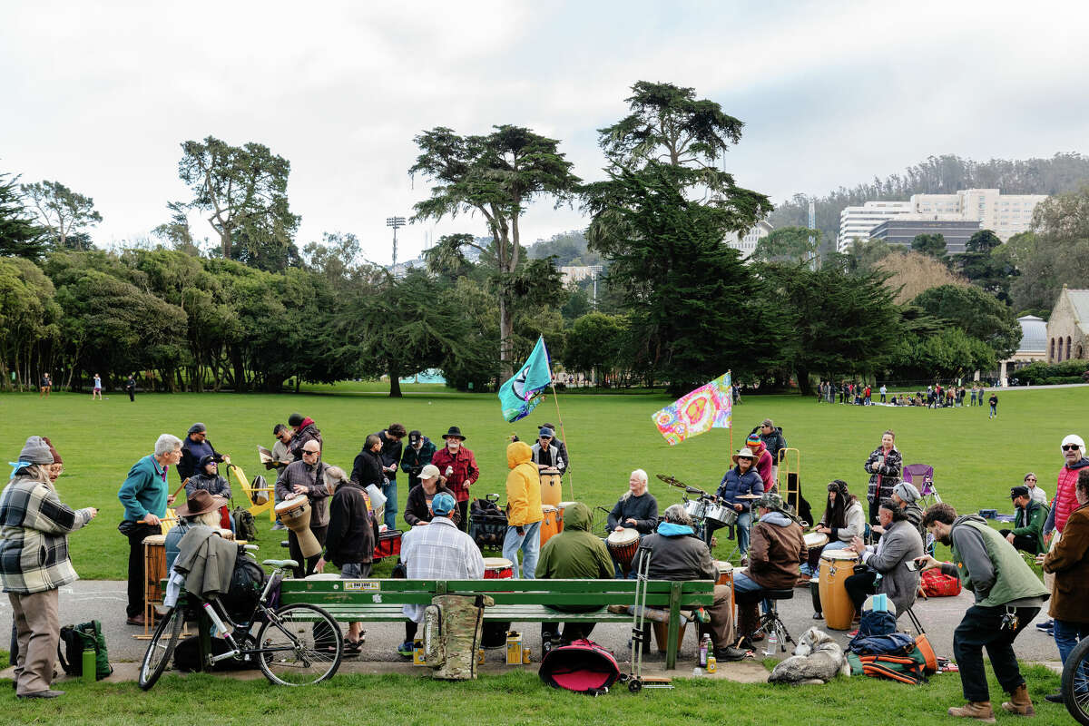 Musicians and dancers gather at Hippie Hill for the weekend Drum Circle in San Francisco's Golden Gate Park on Sunday, Jan. 19, 2025.