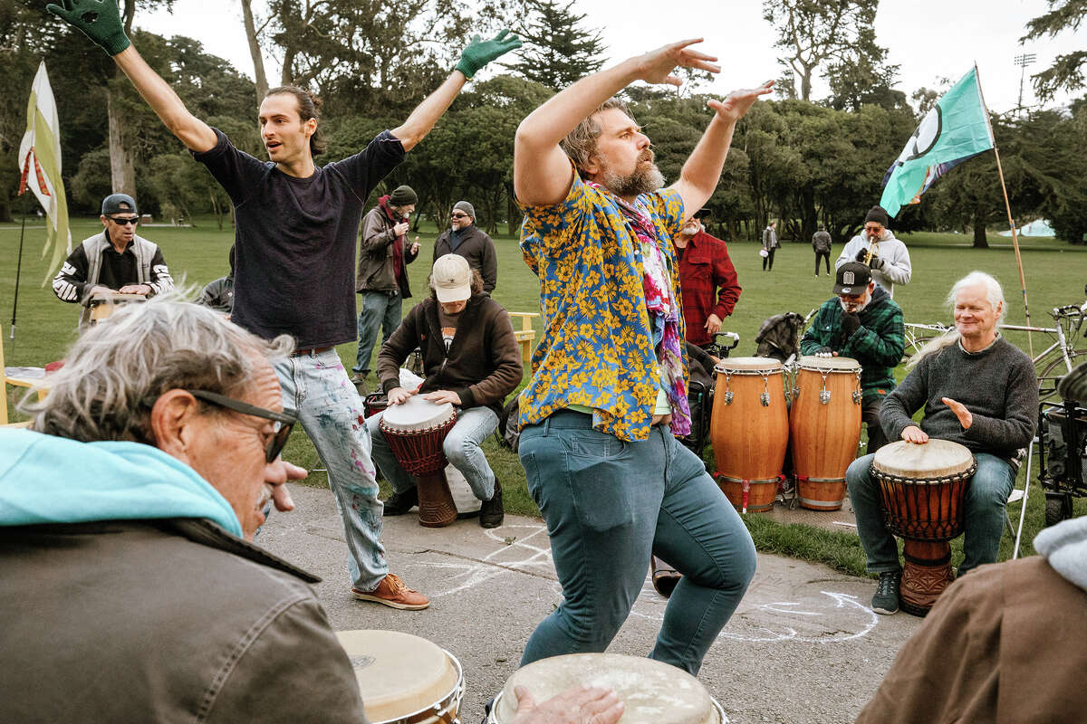 Musicians and dancers gather at Hippie Hill for the weekend Drum Circle in San Francisco's Golden Gate Park on Sunday, Jan. 19, 2025.