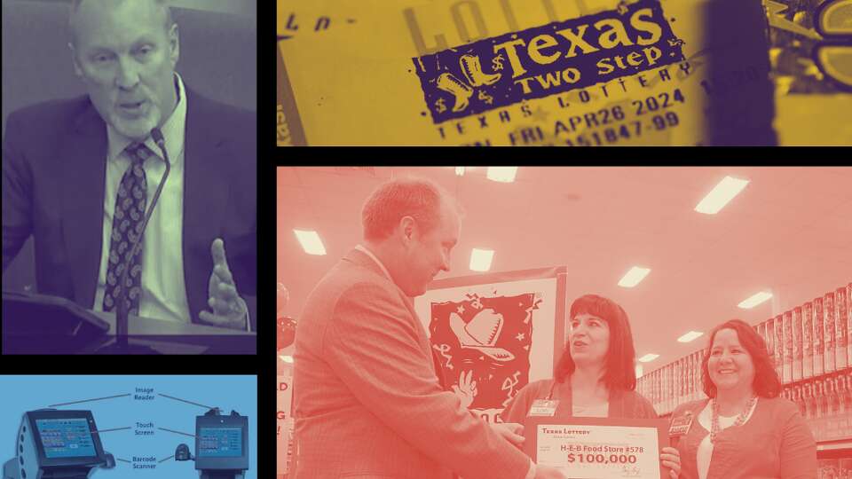 Photo illustration by Brady Stone. Photography by the Houston Chronicle and San Antonio Express-News, screenshot from video of former Texas Lottery Executive Director Gary Grief at a legislative hearing.