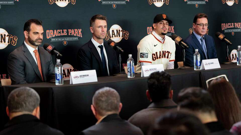 From left: Zack Minasian, Buster Posey, Willy Adames and Bob Melvin during a news conference at Oracle Park San Francisco on Thursday, Dec. 12, 2024. Adames and the San Francisco Giants finalized a $182 million, seven-year contract on Tuesday, providing the Giants with a power-hitting shortstop in the prime of his career.