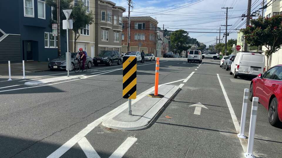 The neck-down street design, on Kirkham Street between 9th and 10th avenues in San Francisco, is intended to slow down traffic.