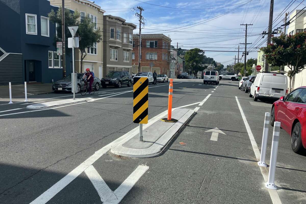 The neck-down street design, on Kirkham Street between 9th and 10th avenues in San Francisco, is intended to slow down traffic.