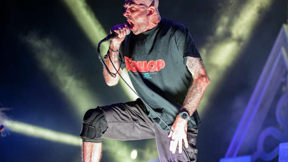 Randy Blythe of Lamb of God performs on stage at North Island Credit Union Amphitheatre on August 26, 2023 in Chula Vista, California.