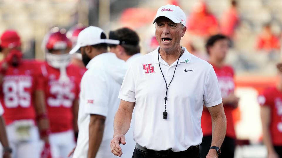 Houston Cougars head coach Willie Fritz during warmups before the start of a college football game at the TDECU Stadium on Saturday, Oct. 26, 2024, in Houston.