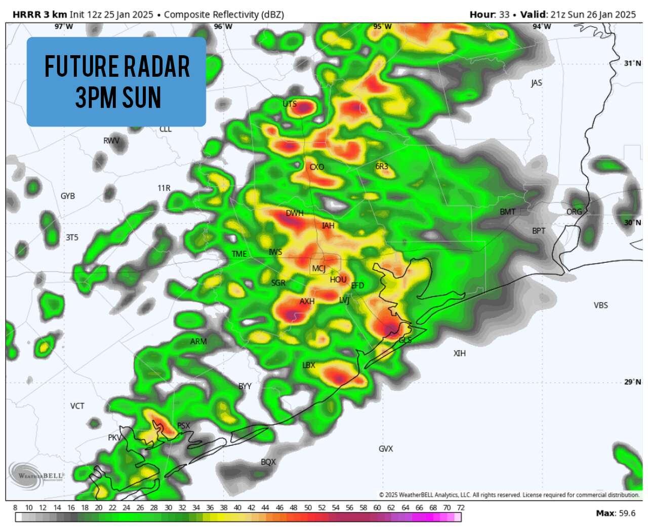 Shown is the future radar at 3 p.m. Sunday. Widespread showers and thunderstorms are expected. 