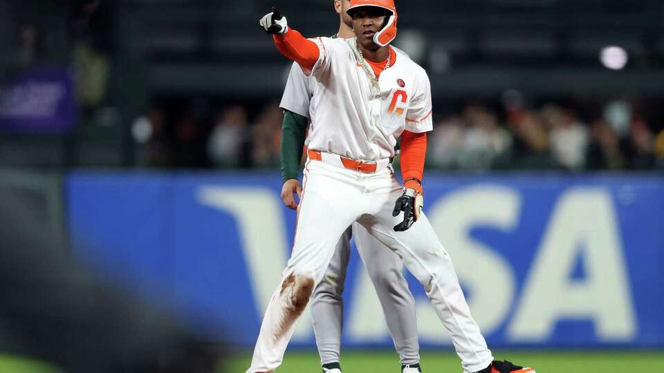 San Francisco Giants‘ Marco Luciano reacts to his 8th inning double against Oakland Athletics during MLB game at Oracle Park in San Francisco on Tuesday, July 30, 2024.