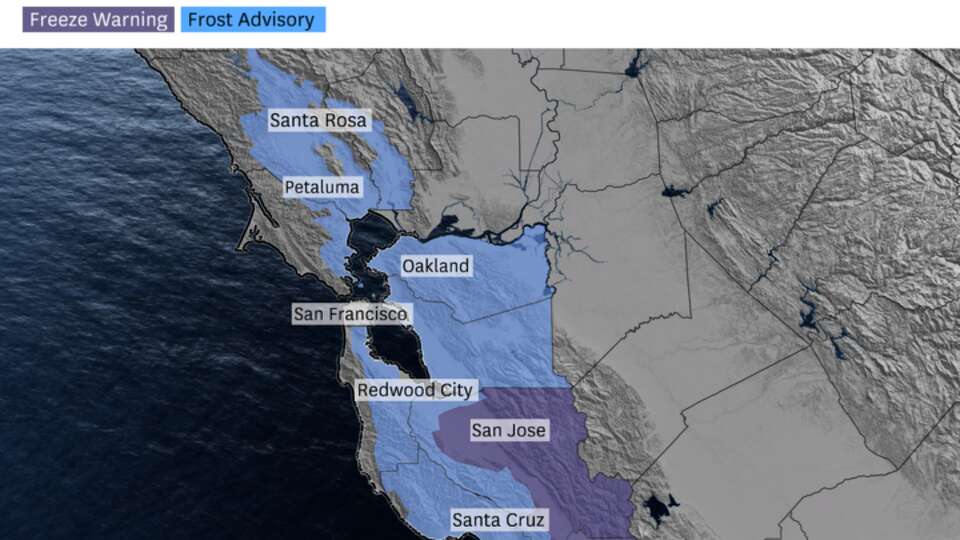 Frost advisories and freeze warnings are in effect until 9 a.m. Monday across parts of the Bay Area, with temperatures expected to fall to the 30s to upper 20s. Cold nights are expected to continue through at least Wednesday morning.