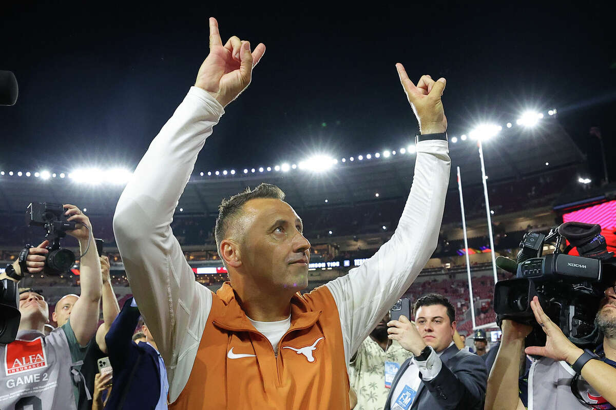  Head coach Steve Sarkisian of the Texas Longhorns celebrates after defeating Alabama Crimson Tide 34-24 at Bryant-Denny Stadium on September 09, 2023 in Tuscaloosa, Alabama. 