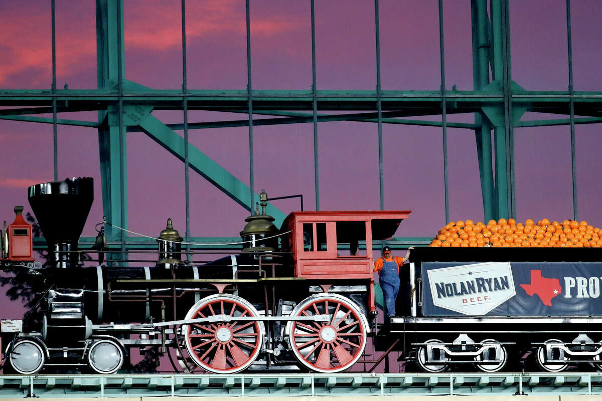 The train at Union Station sits before a sunset at Minute Maid Park on July 09, 2021 in Houston, Texas. 