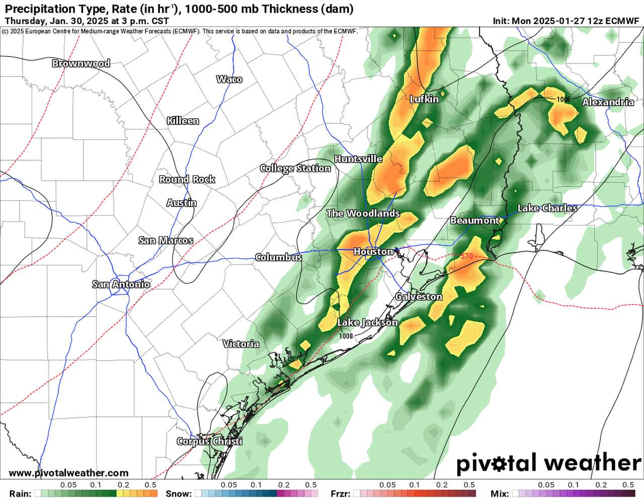 The European model, shown here, suggests a broken line of strong thunderstorms will sweep across Southeast Texas Thursday afternoon along a cold front.