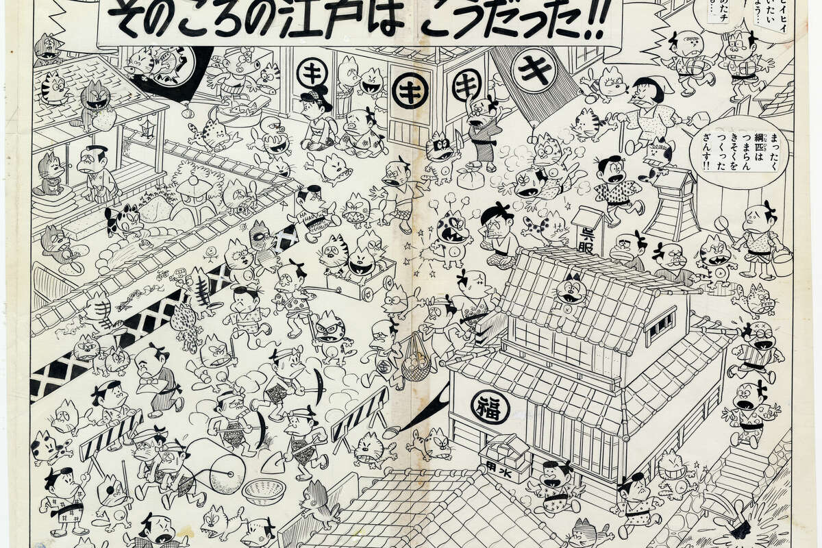 Akatsuka Fujio (赤塚不二夫) (1935 - 2008)
Edo As It Was!!: Osomatsu-kun, Iyami as Mito Kōmon (おそ松くん イヤミ
の水戸黄門：そのころの江戸はこうだった！！), 1965
hand drawing (原画), pen on paper
(29.7x20.4cm) & (29.7x20.5cm)