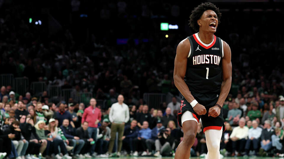 Amen Thompson of the Houston Rockets celebrates after scoring the game winning basket against the Boston Celtics during the second half at TD Garden on January 27, 2025 in Boston, Massachusetts. The Rockets defeat the Celtics 114-112.