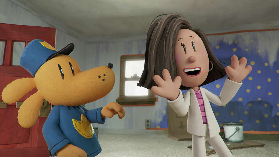  Dog Man, voiced by Peter Hastings, left, and Realtor, voiced by Melissa Villaseñor, in a scene from DreamWorks Animation's 'Dog Man.' 